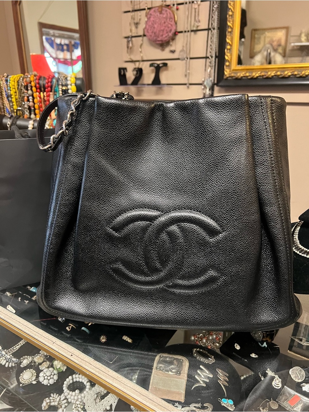 CHANEL Black Quilted Lambskin CC-Embroidered Shoulder Bag